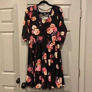 3/4 Sleeve Black Floral Skater Dress